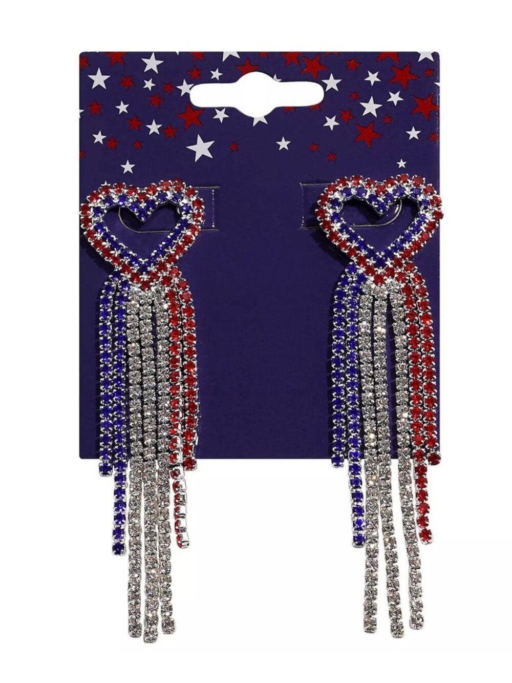 Patriotic July 4th Silver Tone Red White Blue Heart Rhinestone Dangle Earrings